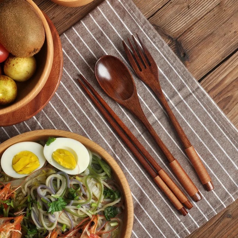 Camping Cooking Dining Set - ชุดช้อนส้อมไม้ 3 ชิ้น ทำจากไม้ธรรมชาติ สำหรับใช้ในครัวเรือนและทำอาหารกลางแจ้ง