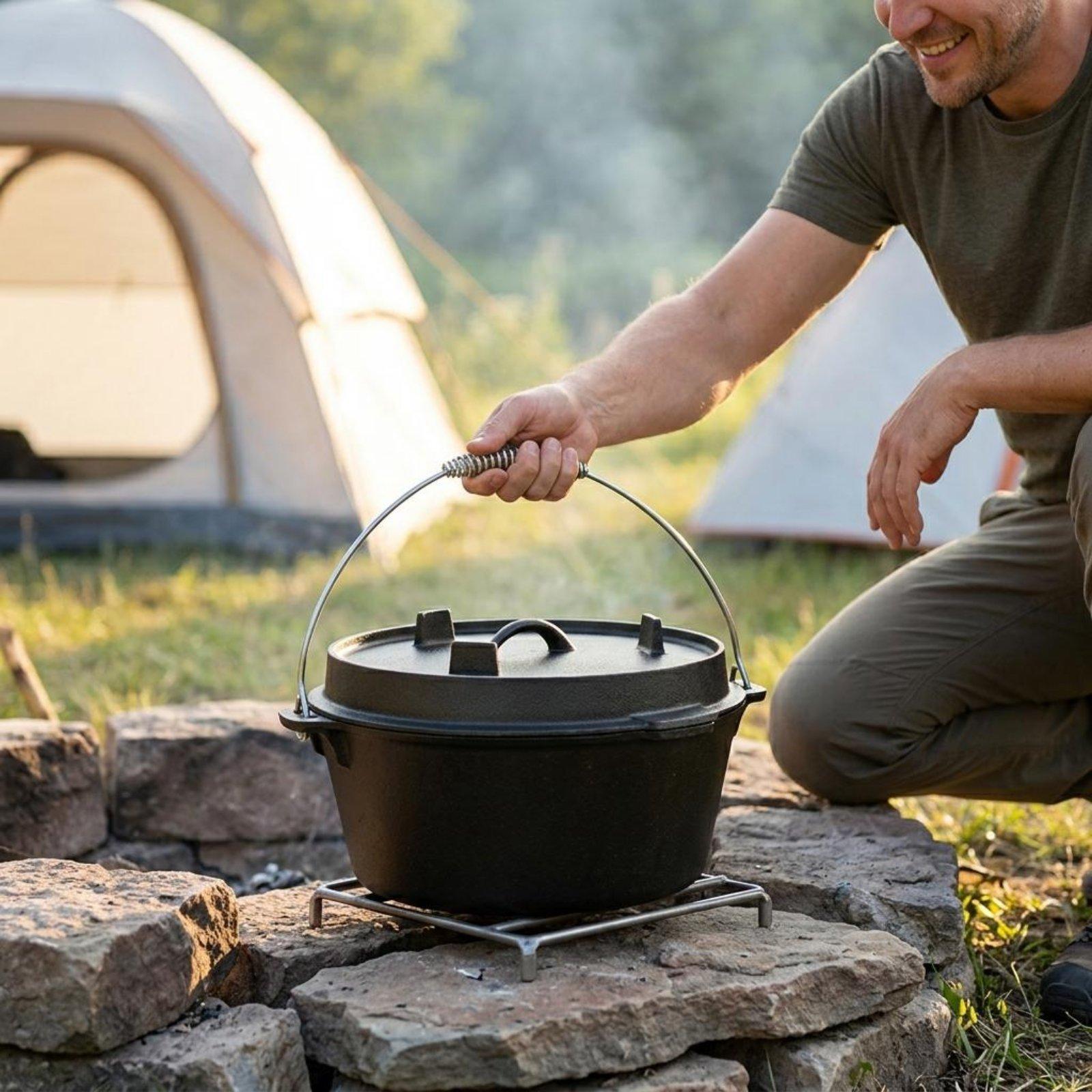 Camp Dutch Oven Cast - หม้อเหล็กหล่อสำหรับทำอาหารกลางแจ้งแบบไม่เคลือบผิว หม้อตุ๋นสำหรับตั้งแคมป์ เตาบาร์บีคิวแบบพกพาสำหรับการเดินป่าและปิกนิก