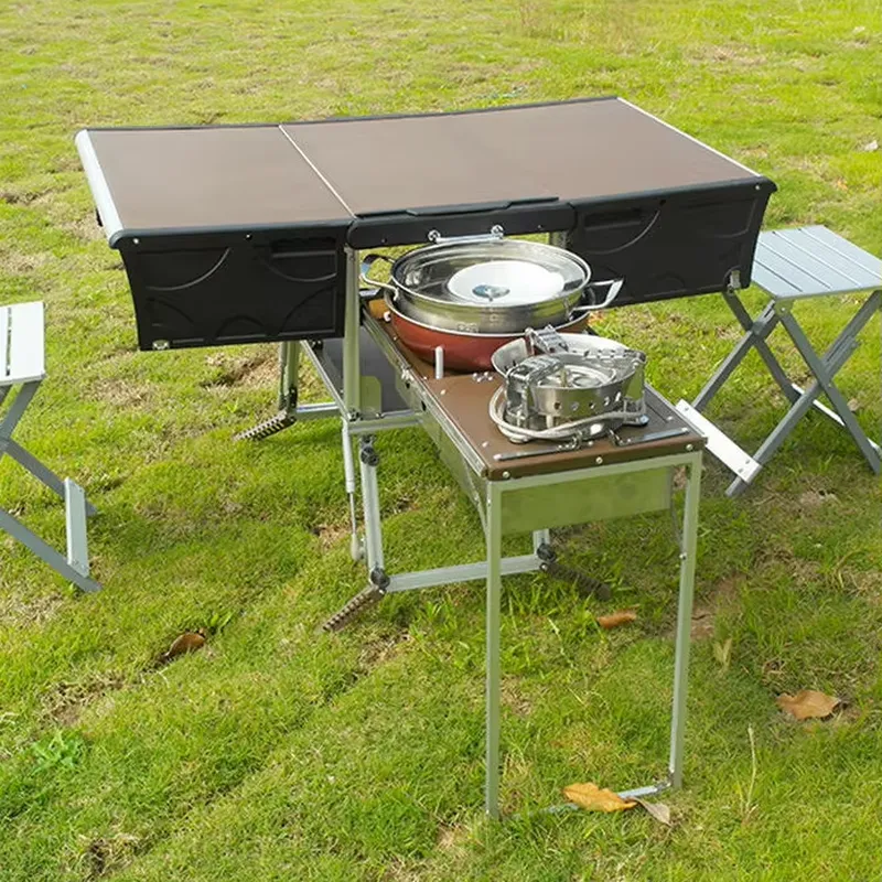 Camping Cooking Dining Set - รถพ่วงอาหารพับได้แบบพกพาสำหรับใช้งานกลางแจ้ง ครัวเคลื่อนที่ โต๊ะปิ้งย่างแบบพับได้ ชุดโต๊ะและเก้าอี้สำหรับปิกนิกและตั้งแคมป์
