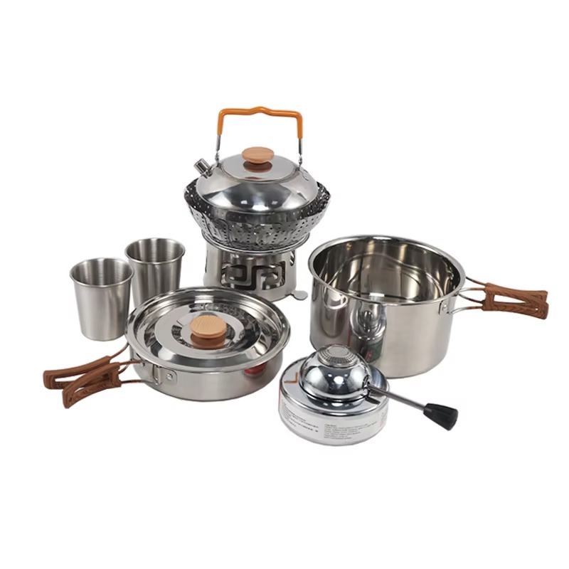Quality Camping Cooking Set - ชุดเครื่องครัวพกพาคุณภาพสูงสำหรับตั้งแคมป์กลางแจ้ง พร้อมด้ามจับโลหะ ชุดช้อนส้อมสำหรับปิกนิก รวมหม้อ ถ้วย และอุปกรณ์ทำอาหาร