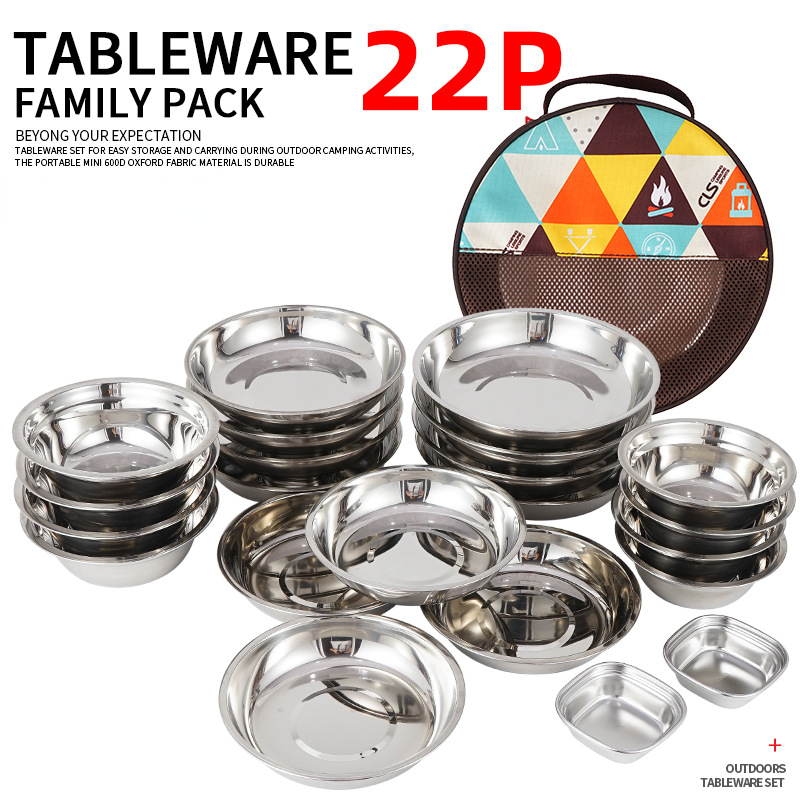 Camping Cooking Dining Set - ชุดจานอาหารพกพาสำหรับแคมป์ปิ้ง 22 ชิ้น ชุดอุปกรณ์รับประทานอาหารสำหรับตั้งแคมป์กลางแจ้ง จานบาร์บีคิวสำหรับเดินทาง ชุดหม้อซุป